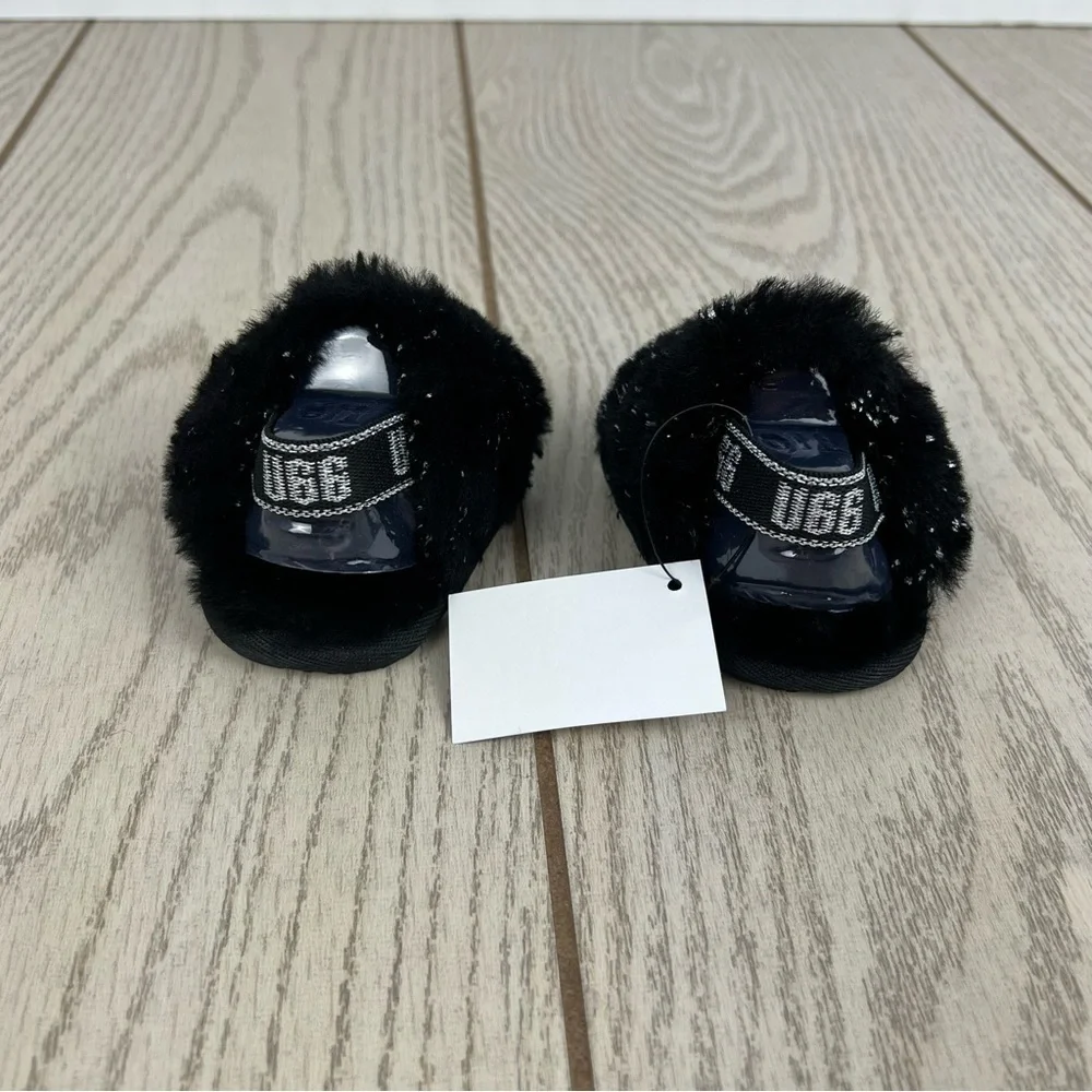 UGG Infant Fluff Yeah Furry Fuzzy Sandals 0/1 XS 0-6 months Black Metallic $55